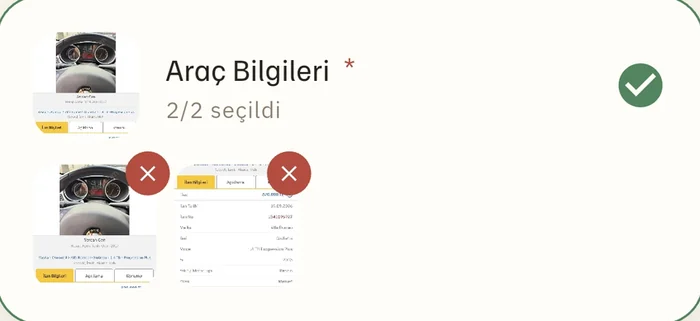 Uygulamada seçilmiş araç bilgileri ekran görüntüleri